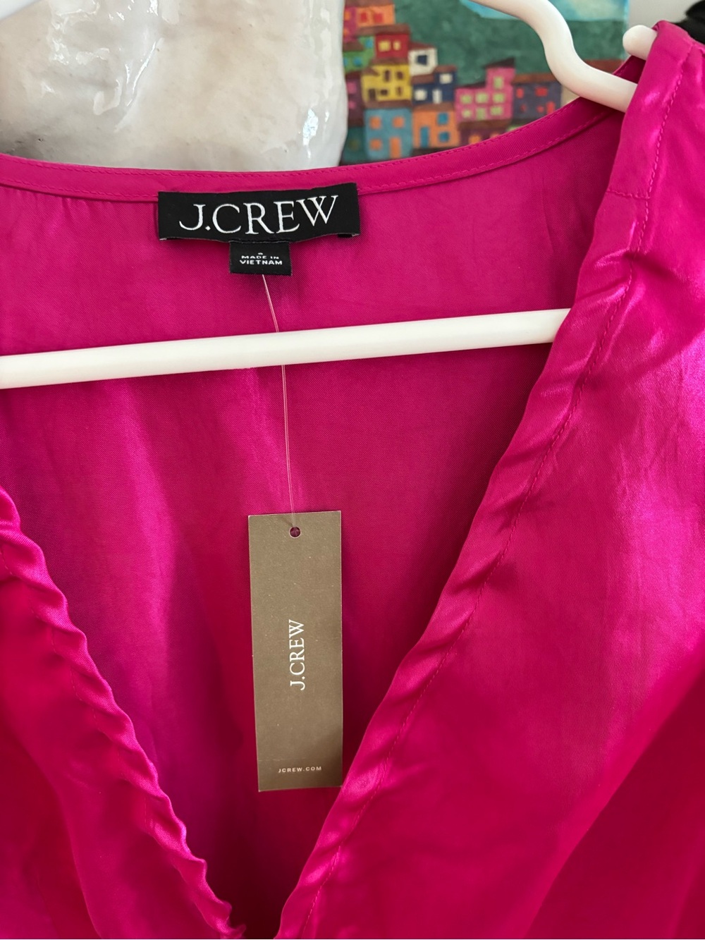 J. Crew Vibrant Fuchsia Satin V-Neck Mid Dress